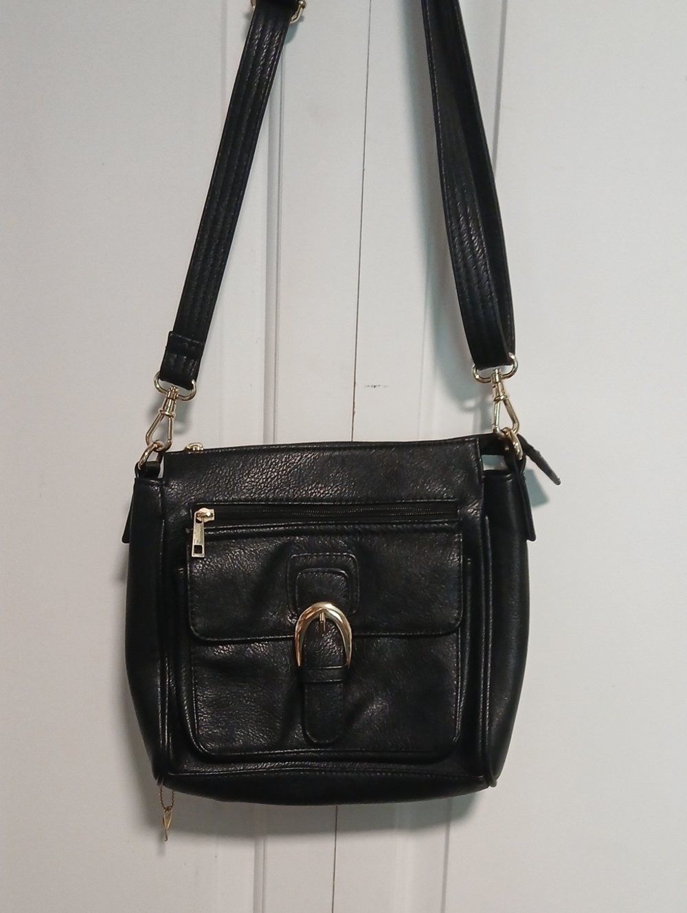 Roma Black Leather Crossbody Cancelled Carry Weapon Bag with Gold Buckle Detail